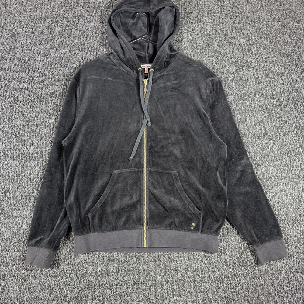 Juicy Couture Black Velour Zip Up Hoodie Women's L Black Y2K Style Mcbling